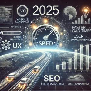 ההשפעה של מהירות האתר על ה-SEO בשנת 2025, עם סמלים שמייצגים דירוגים, חוויית משתמש ושיפור מהירות