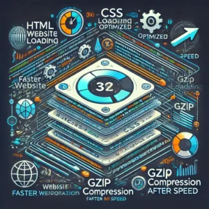 תהליך האופטימיזציה לקבצי HTML, CSS ו-JS, עם הדגשה על הקטנת קוד, דחיסת Gzip ושיפור מהירות טעינת האתר