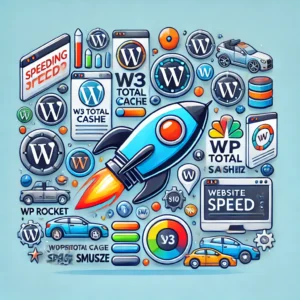 התוספים הטובים ביותר להאצת אתר WordPress, כולל סמלים של WP Rocket, W3 Total Cache, Autoptimize ו-Smush, עם דגש על שיפור מהירות האתר והאופטימיזציה.