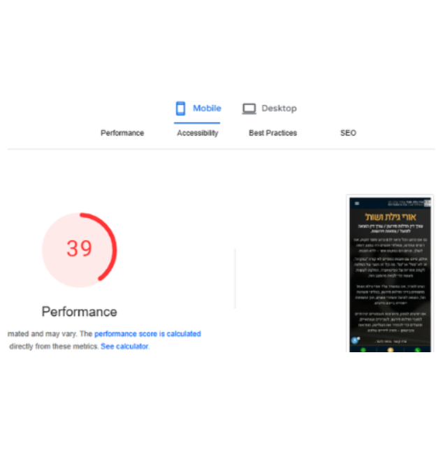 ציון מהירות של אתר בpagespeed insights - ציון 39 לפני אופטימיזציה